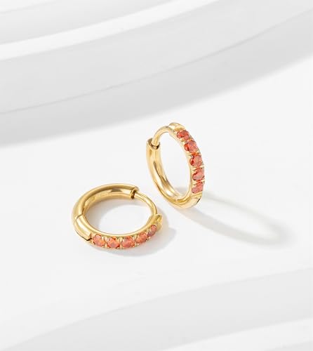 Hypoallergenic Unisex Surgical Steel Small Cubic Zirconia Huggie Hoop Earring, Color Gold - Silver - Rose Gold - Black - Rainbow, Size 6mm- 12mm Safe for Sensitive Ear - style: P05 : 8mm - gold - red cz