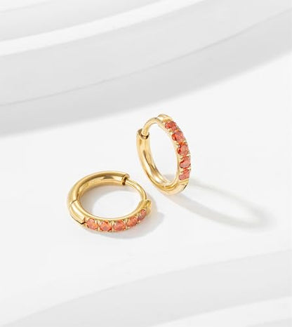Hypoallergenic Unisex Surgical Steel Small Cubic Zirconia Huggie Hoop Earring, Color Gold - Silver - Rose Gold - Black - Rainbow, Size 6mm- 12mm Safe for Sensitive Ear - style: P05 : 8mm - gold - red cz