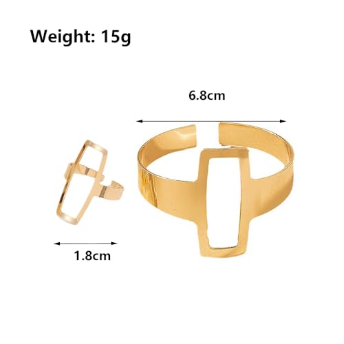 GIGB PBDK Chunky 14K Gold Ring Bracelet Set Punk Exaggerated Open Cuff Bracelets Geometric Simple Hollow Rectangle Ring Jewelry Set Presents for Women Wife