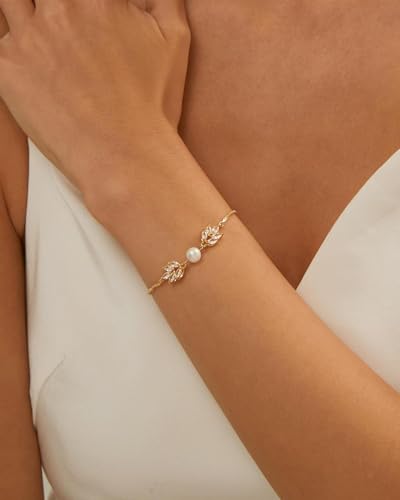 Gold Bracelets for Women Pearl Bracelet 14k Gold/White Gold Plated | Dainty Cubic Zirconia CZ Accented, Bridesmaid Jewelry, Prom Bracelet, Wedding Bracelets for Brides - color: gold-leaf box chain