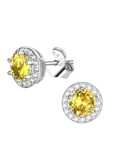 FindChic Birthstone Earrings for Women, Round/Heart/Square/Teardrop Earrings with 925 Sterling Silver Posts & Push Backs, Hypoallergenic Studs with Cubic Zirconia, 12 Months Jewelry with Gift Box - style: 11. November-Yellow Topaz (Round)