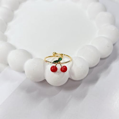 Cute Cherry Red Enamel Statement Ring for Women Summer Fruit Food Green Leaves Stainless Steel Finger Rings Stackable Sweet Adjustable Open Wrap Band Comfort Fit Fashion Jewelry for Girlfriend Sisters
