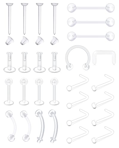16g 20g Mix Clear Piercing Retainers Plastic Septum Retainer Clear Nose Studs for Work Flexible Lip Plastic Earring Studs for Sport Surgery Invisible Horseshoe Rings Daith Piercing Retainer - color: 1-mix clear piercing retainers