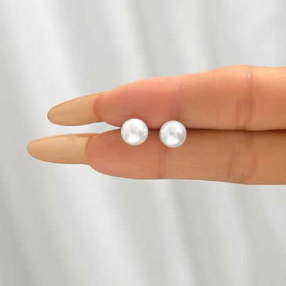 Pearl Stud Earrings for Women Gold/Silver Plated 3mm 4mm 5mm 6mm 8mm Pearl Earrings Dainty Hypoallergenic Earrings - color: White Gold, size: 8 Millimeters