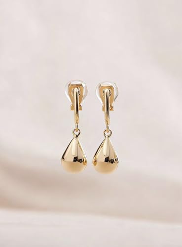 FAN&LOUIS Gold Sliver Teardrop Clip On Earrings for Women，Non-Pierced Trendy Statement Dangle Water Drop Women's Hypoallergenic Clip-On Earrings - style: Gold
