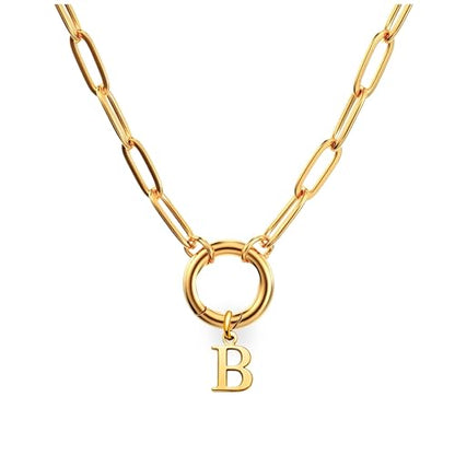 Paperclip Chain Carabiner Initial Charm Holder Necklace by Ginger Lyne | 18K Gold-Plated or Silver Tone Paperclip Chain with Carabiner Charm Holder, Adjustable 18-20 Inch, A-Z Initial Pendant - color: Gold-B
