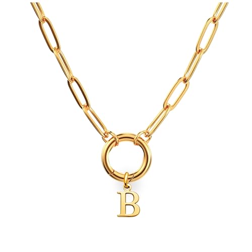 Paperclip Chain Carabiner Initial Charm Holder Necklace by Ginger Lyne | 18K Gold-Plated or Silver Tone Paperclip Chain with Carabiner Charm Holder, Adjustable 18-20 Inch, A-Z Initial Pendant - color: Gold-B