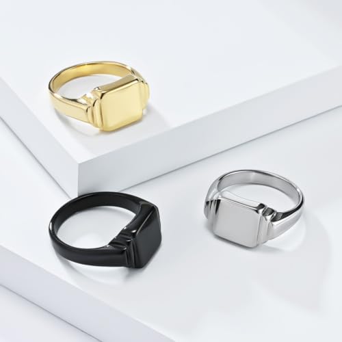 PAURO Unisex Square Shaped Signet Ring Geometric Style | Stainless Steel Square-shaped Signet Style for Men Women,Classical Simple Plain Wedding Engagement Statement Ring - color: Black