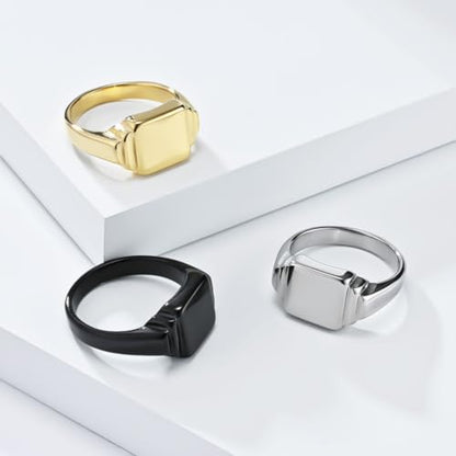 PAURO Unisex Square Shaped Signet Ring Geometric Style | Stainless Steel Square-shaped Signet Style for Men Women,Classical Simple Plain Wedding Engagement Statement Ring - color: Black