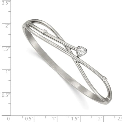 Chisel Heart CZ Hinged Bangle Bracelet in Stainless Steel