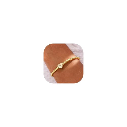 Beaded Bracelets for Women Dainty Beaded Heart Initial Bracelets Letter A-Z Charm Stretch Bead Ball Bracelet Trendy Jewelry Gifts - style: Gold-B