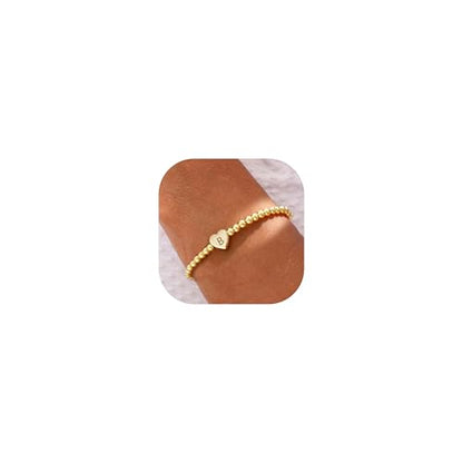 Beaded Bracelets for Women Dainty Beaded Heart Initial Bracelets Letter A-Z Charm Stretch Bead Ball Bracelet Trendy Jewelry Gifts - style: Gold-B
