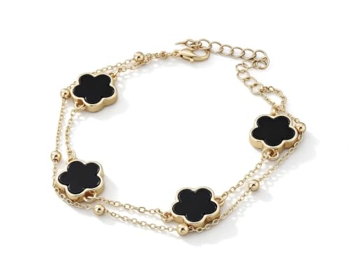 Gold-Tone Double Layer Clover Charm ankle Bracelet, black stone, Adjustable - color: black