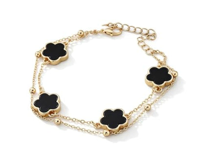 Gold-Tone Double Layer Clover Charm ankle Bracelet, black stone, Adjustable - color: black