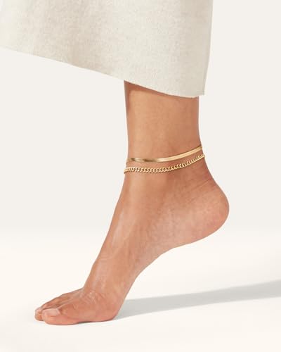 Robaice Adjustable Ankle Set for Women Waterproof, 14K Gold Plated | Layered Cuban, tennis, herringbone and clover chain styles, waterproof and non-tarnish for everyday wear or gifting - color: Cuban & Herringbone - Gold (2pcs)