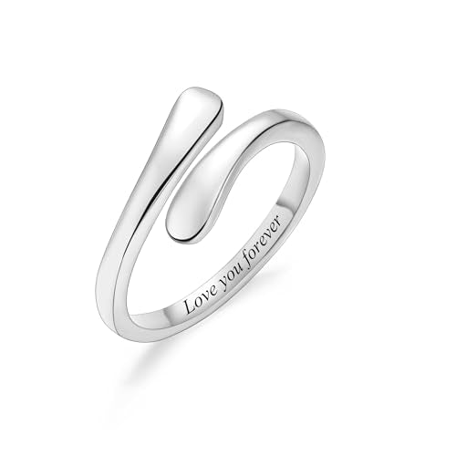 INBLUE Personalized 925 Sterling Silver Spiral Twist Ring for Women Customized Engraving Name/Date with Birthstones Adjustable Open Wrap Band Promise Ring Gift for Wedding Engagement - color: Style C1