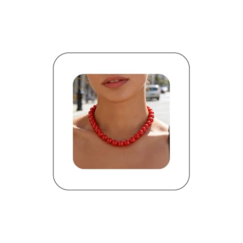 Boho Gothic Thick Red Pearl Necklace Pendant Cute Chunky Seed Bead Chain Choker Dainty Round Beaded Strand Collar Short Simple Delicate Statement Exaggerated Minimalist Jewelry for Women