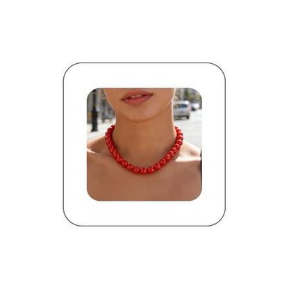 Boho Gothic Thick Red Pearl Necklace Pendant Cute Chunky Seed Bead Chain Choker Dainty Round Beaded Strand Collar Short Simple Delicate Statement Exaggerated Minimalist Jewelry for Women