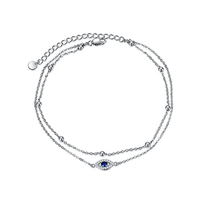 POPLYKE 925 Sterling Silver Double Layered Chain Evil Eye Daisy Sunflower Butterfly Anklets for Women Holiday Beach Crystal Ankle Bracelet Dainty Evil Eye Jewelry - style: Silver Evil Eye Anklet