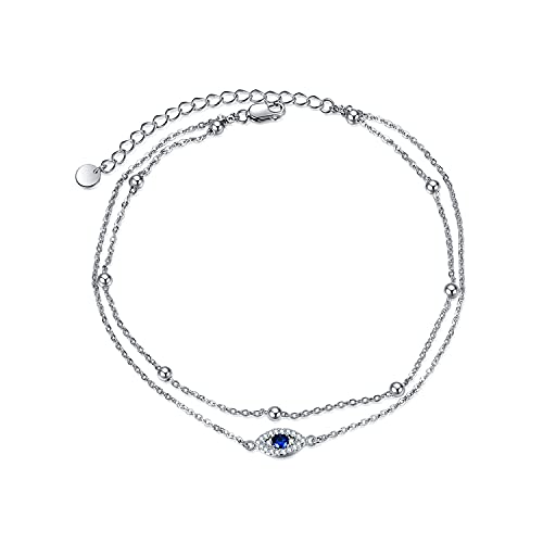 POPLYKE 925 Sterling Silver Double Layered Chain Evil Eye Daisy Sunflower Butterfly Anklets for Women Holiday Beach Crystal Ankle Bracelet Dainty Evil Eye Jewelry - style: Silver Evil Eye Anklet