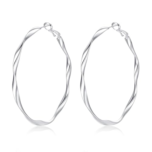 DAILY VIBES Simple Trendy Big Twisted Hoop Earrings for Women | 925 Sterling Silver Post, 14k Gold or Silver Plated, Dainty Large Hoops, Hypoallergenic Earrings for Women - color: Silver, size: 55mm
