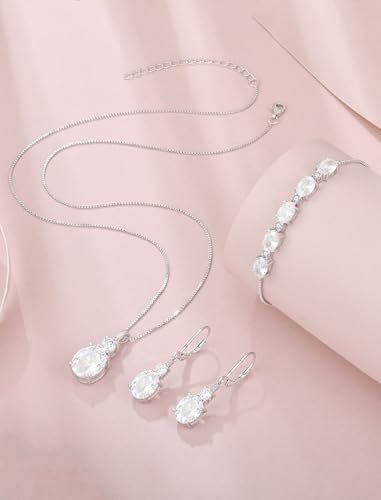 Cubic Zirconia Jewelry Set for Women 925 Sterling Silver Oval Cut Necklace Earrings Bracelet April Birthstone Jewelry for Her