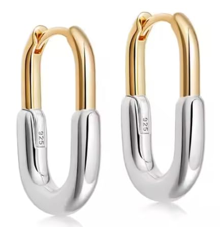 925 Sterling Silver Two-tone mixed metal color earrings oval hoop huggie dangle gold silver