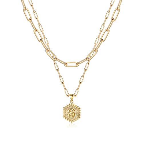 M MOOHAM Dainty Initial Necklaces for Women, 14K-Gold-Plated Layering Necklace for Women Cute Hexagon Letter Initial Necklace Layered Necklaces for Womens Teen Girl Gifts - color: 14K-Gold-Plated, style: S