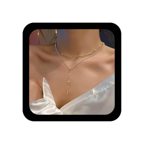 Vintage Layered Pearl Rhinestone Lariat Necklace Long Rhinestone Y Drop Necklace Gold Pearl Chain Necklace Sparkly Cz Tennis Necklace Jewelry for Women
