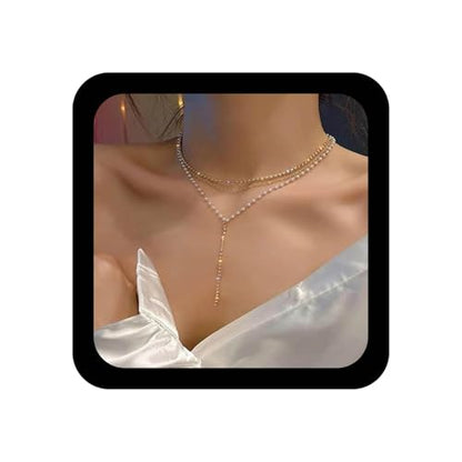Vintage Layered Pearl Rhinestone Lariat Necklace Long Rhinestone Y Drop Necklace Gold Pearl Chain Necklace Sparkly Cz Tennis Necklace Jewelry for Women