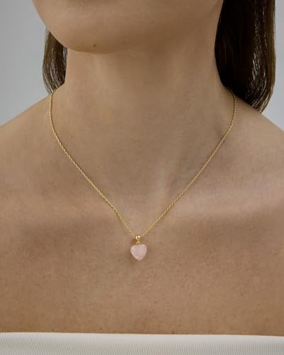 PAVOI Gemstone Charm Necklace for Women - 14K Gold Plated Pendant Necklaces | Dainty Gemstone Necklaces with Cute Charms Set and Adjustable Chain, Trendy Healing Crystal Pendants - style: Heart - Rose Quartz