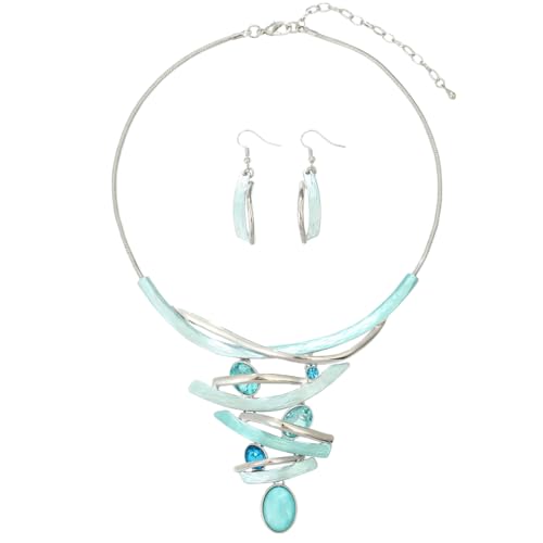 Chunky Statement Jewelry Set Vintage Retro Leaf Flower Floral Geometric Bohemian Boho Bib Necklace Earring Set Fashion Costume Jewelry for Women Girls Wedding Party Prom Unique Gift - style: Multilayer oval crystal JS silver aqua