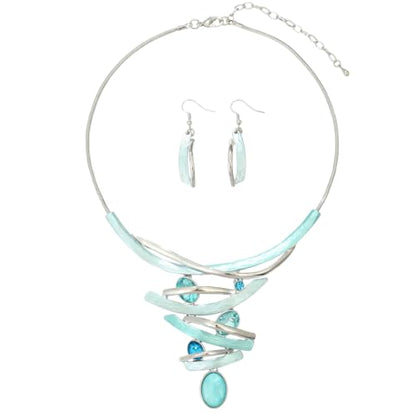 Chunky Statement Jewelry Set Vintage Retro Leaf Flower Floral Geometric Bohemian Boho Bib Necklace Earring Set Fashion Costume Jewelry for Women Girls Wedding Party Prom Unique Gift - style: Multilayer oval crystal JS silver aqua
