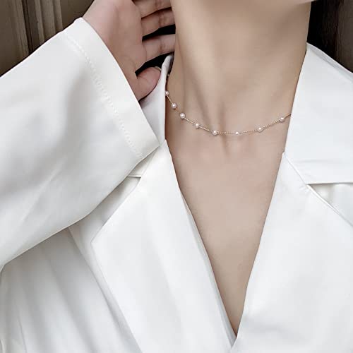 Faux Pearl Necklace for Women Dainty Pearl Choker Necklace 14K Gold Plated Pearl Chain Necklace Mother's Day Valentine Jewelry Gifts - color: Gold