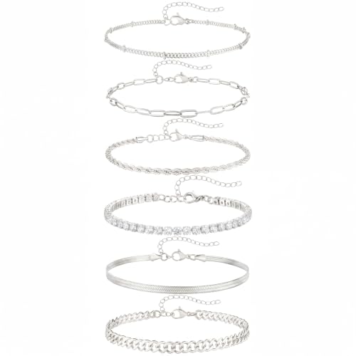 Fesciory 14K Gold Ankle Bracelets for Women, Layered Stackable Anklet Set | 6 Pcs Anklet Set, Layered Ankle Bracelet, Cuban Link Design, Stackable Plus Size, Adjustable Fit, Summer Beach Jewelry - color: Set13-Silver 6Pcs