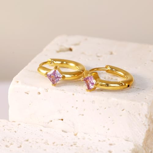 316L Surgical Steel Birthstone Hoop Earrings for Women | Lightweight, 5A Cubic Zirconia, Hypoallergenic, Lead & Nickel Free, 8mm Huggie Hoops - color: 18k gold-plated: 06. June (Alexandrite)