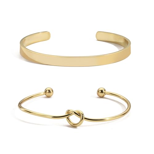Gold Bangle Bracelets for Women Non Tarnish, 18k Gold Bracelet Stack Layered Chunky Cuff Bracelet Knot Cross Bowknot Bracelets Trendy Jewelry Set for Women Gifts - color: S03