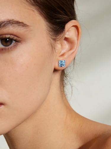 FindChic 2 Carat Birthstone Stud Earrings for Women, Round/Heart/Princess Cut Stud Earrings, Hypoallergenic Studs with 925 Sterling Silver Posts, 12 Months Birthday Jewelry Gift - color: 03. March-Aquamarine(Princess Cut)