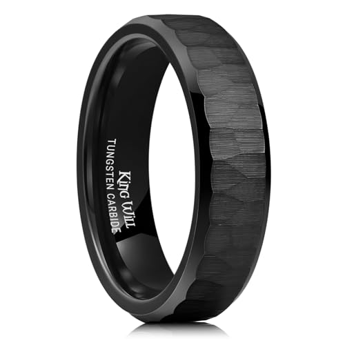 King Will 8mm Mens Hammered Tungsten Rings Matte Brushed Finish | Beveled Edge, Comfort Fit, Durable, Everyday Wear - color: Black 6mm