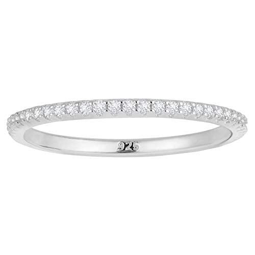 18K Gold Plated Sterling Silver Full Eternity Band | Cubic Zirconia Paved Wedding Band | Thin CZ Stacking Ring - color: Silver