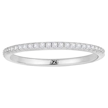 18K Gold Plated Sterling Silver Full Eternity Band | Cubic Zirconia Paved Wedding Band | Thin CZ Stacking Ring - color: Silver