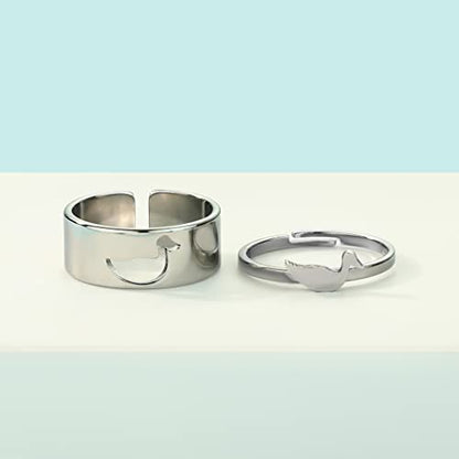2PCS Matching Cute Animals Promise Engagement Rings for Couples Men Women Jewelry Band Sets 316L Stainless Steel Adjustable Open Ring - color: Duck-s