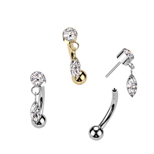 Pierced Owl 16GA ASTM F-136 Implant Grade Titanium Threadless Push-In Dangling CZ Crystal Marquise Eyebrow Curved Barbell - style: Gold Tone