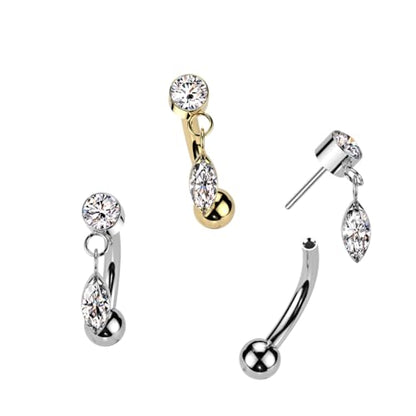 Pierced Owl 16GA ASTM F-136 Implant Grade Titanium Threadless Push-In Dangling CZ Crystal Marquise Eyebrow Curved Barbell - style: Gold Tone