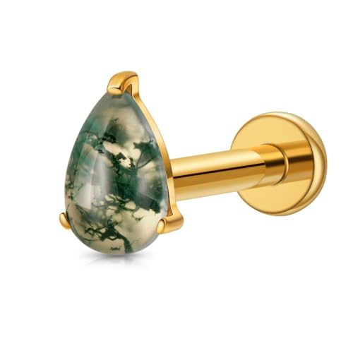 1PC ASTM F136 Titanium Push Pin Moss Agate Stone Flat Back Earrings 16G 8mm for Helix Conch Tragus - color: Waterdrop-18KGP