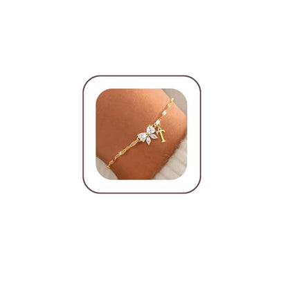 Gold Initial Bracelet for Women Teen Girls 14k Gold Plated Dainty Butterfly Charm Letter Bracelet for Birthday Jewelry Gifts - color: Gold-T