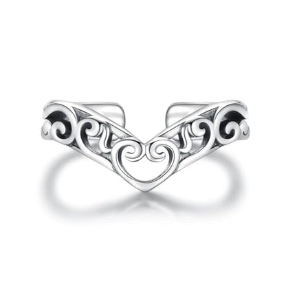 925 Sterling Silver Toe Ring Adjustable Butterfly Filigree Boho Ocean Wave Summer Jewelry for Women - style: Heart V Shaped Filigree