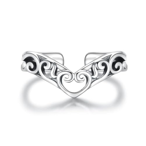 925 Sterling Silver Toe Ring Adjustable Butterfly Filigree Boho Ocean Wave Summer Jewelry for Women - style: Heart V Shaped Filigree