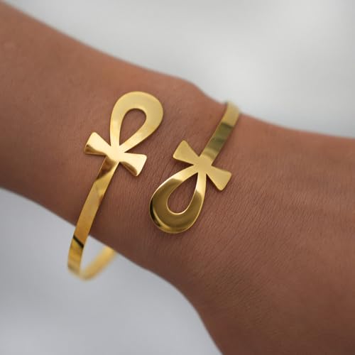 Gold Statement Cuff Bracelet Ankh Cross - Waterproof Stainless Steel Open Bangle Hypoallergenic Egyptian Key of Life Jewelry, Adjustable Protection Amulet for Women Men - color: Gold Statement Double Ankh