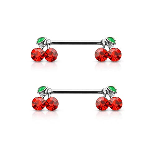 Pierced Owl 14GA 316L Stainless Steel Lucky Double CZ Cherry Ends Nipple Barbells, Sold as a Pair